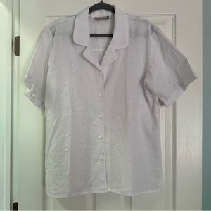 White short-sleeve button down with eyelets and embroidered vines